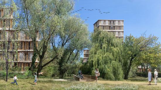 Vision d'artiste du futur quartier de la Jallère, desservi par le tramway (Parc des Expositions - Stade Matmut Atlantique) qui le place à 25 minutes de l'hypercentre de Bordeaux.