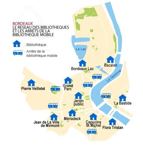 Carte mappée des bibliothèques de Bordeaux et arrêts bibliobus