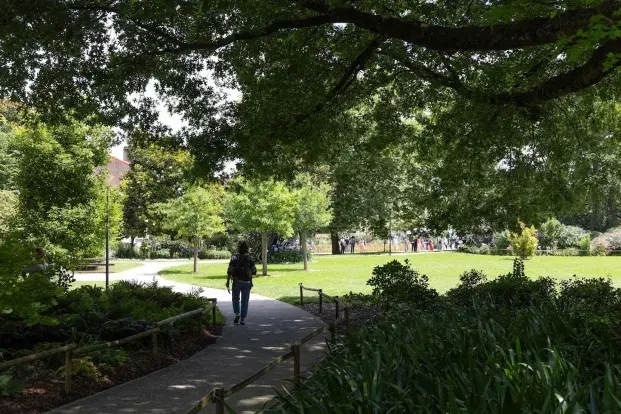 Femme se promenant sur une allée du jardin