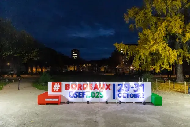 Photo de nuit du totem représentant le logo du Forum mondial de l'Economie sociale et solidaire 2025 dans le jardin de la mairie
