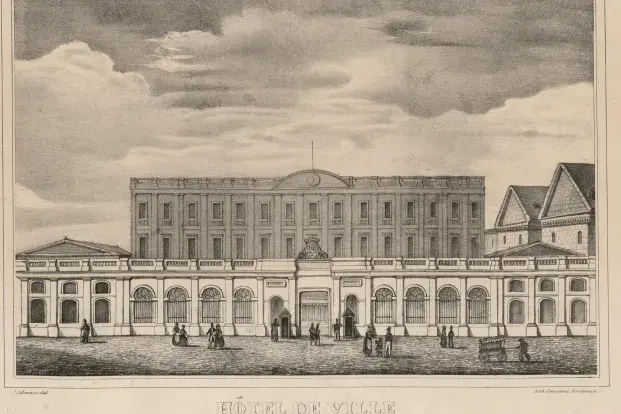 Hôtel de ville de Bordeaux. Vers 1840. Estampe. J. J. Jemain. Bibliothèque municipale de Bordeaux, Del. Carton 21/53.