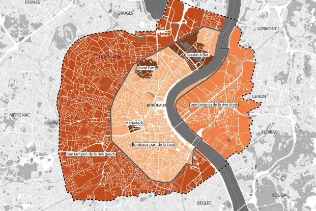Les limites de Bordeaux, port de la Lune et de la zone d'attention patrimoniale, dite « zone tampon »
