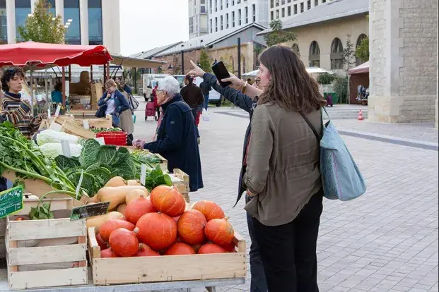 Scène de marché en plein air : des personnes discutent avec un vendeur de fruits et légumes, devant des cagettes remplies de courges, salades, choux et autres produits frais