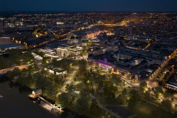 Une vue nocturne et aérienne du futur quartier Canopia.