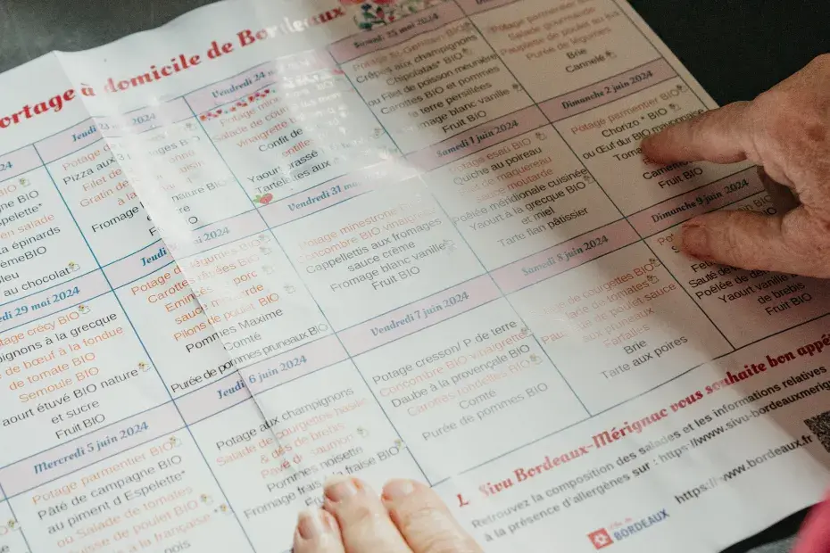 Des mains de personne âgée tiennent un menu.