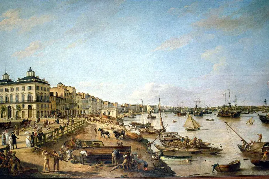 Tableau représenant les quais des Chartrons et de Bacalan à Bordeaux au début du 19e siècle, avec des bateaux sur la Garonne et des marchands et passants sur les quais
