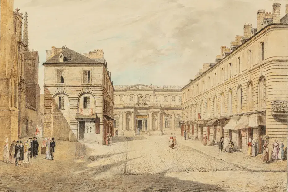 Pierre Brun. Vue générale du château royal de Bordeaux et de rue et place qui le précède, façade orientale. 1828. Aquarelle sur traits de graphite. Bordeaux, musée d’Aquitaine, 2024.7.1