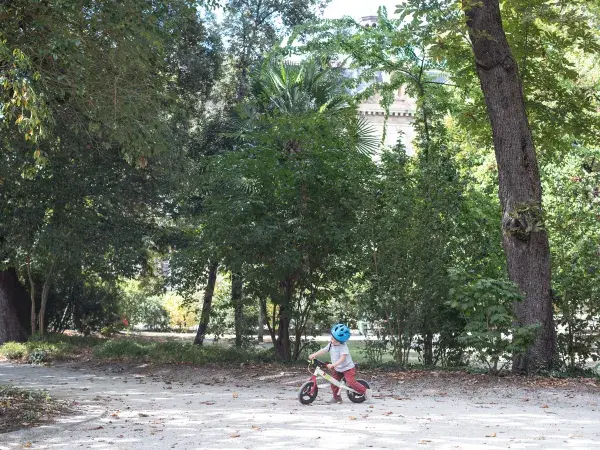 Un enfant avec son vélo sur une allée bordée d'arbres