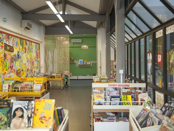 Photo d'étagères de bande-dessinée dans la bibliothèque Capcuins / Saint-Michel