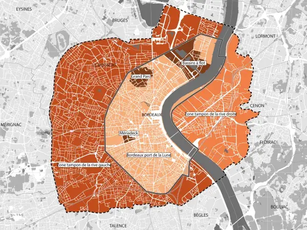 Les limites de Bordeaux, port de la Lune et de la zone d'attention patrimoniale, dite « zone tampon »