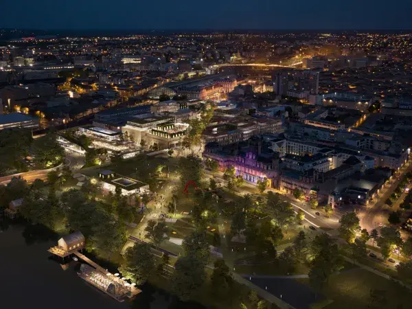 Une vue nocturne et aérienne du futur quartier Canopia.