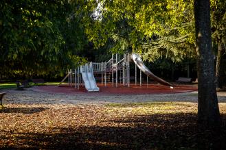 Une aire de jeux vide entourée d’arbres, baignée par une lumière automnale.