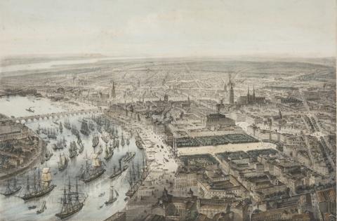 Photo : © Vue à vol d’oiseau de la ville de Bordeaux depuis l’église Saint-Louis, d’après Chapuis. Lithographie en couleur, ca. 1865
© Archives de Bordeaux Métropole, Bordeaux Fi XL B 146