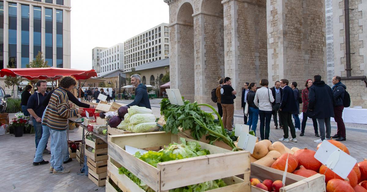 Un marché en plein air installé sur une place urbaine, devant un bâtiment en pierre