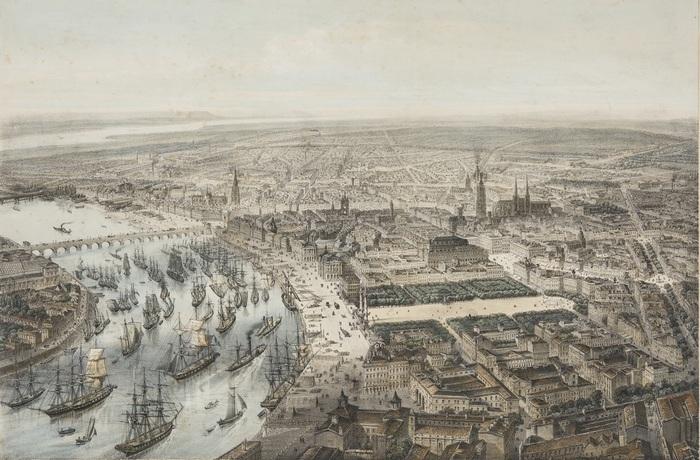Photo :  © Vue à vol d’oiseau de la ville de Bordeaux depuis l’église Saint-Louis, d’après Chapuis. Lithographie en couleur, ca. 1865
© Archives de Bordeaux Métropole, Bordeaux Fi XL B 146